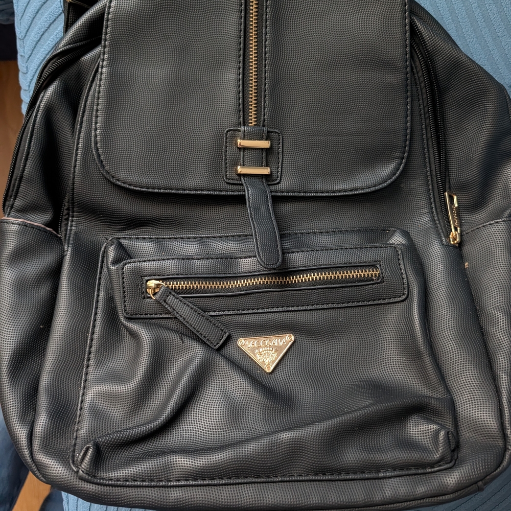 Black Leather-Look Men’s Backpack with Gold Hardware